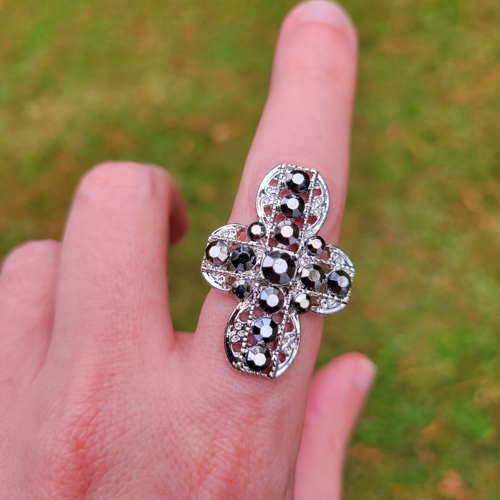 Joy of the Saints Silver Cross Black Crystal Gemstone Ring One Size Fits All - Picture 3 of 12
